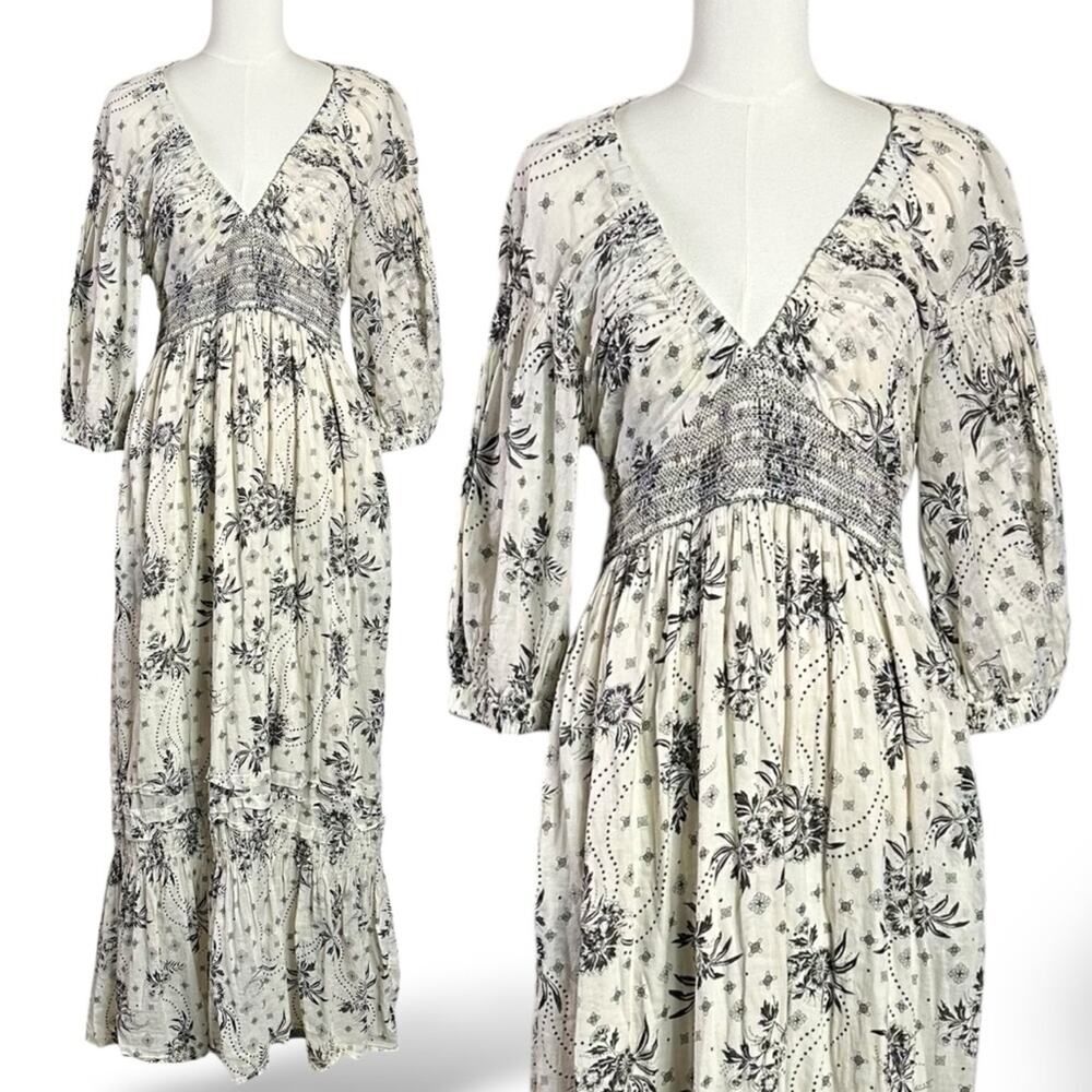 Free People Bohemian Billowy Ethereal Floral Golden Hour Maxi Dress Ivory Medium - Picture 6 of 12